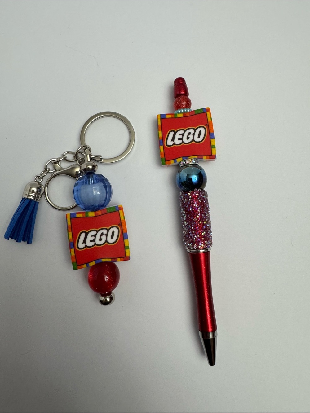 Lego Red and Blue Beaded Pen with Keychain